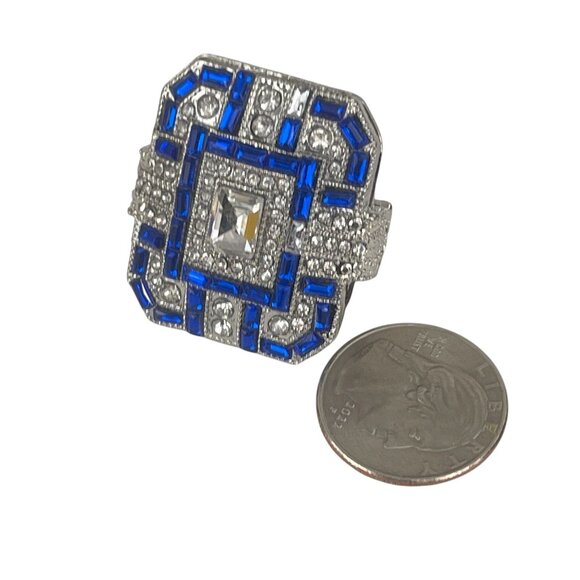 Art Deco Style Silver & Blue Statement Ring With Crystal Accents - Picture 6 of 11